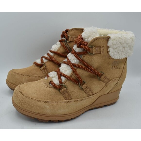 Sorel Womens Size 8.5 Evie Cozy Lace-Up Wedge Tawny Buff Suede Waterproof Boots
